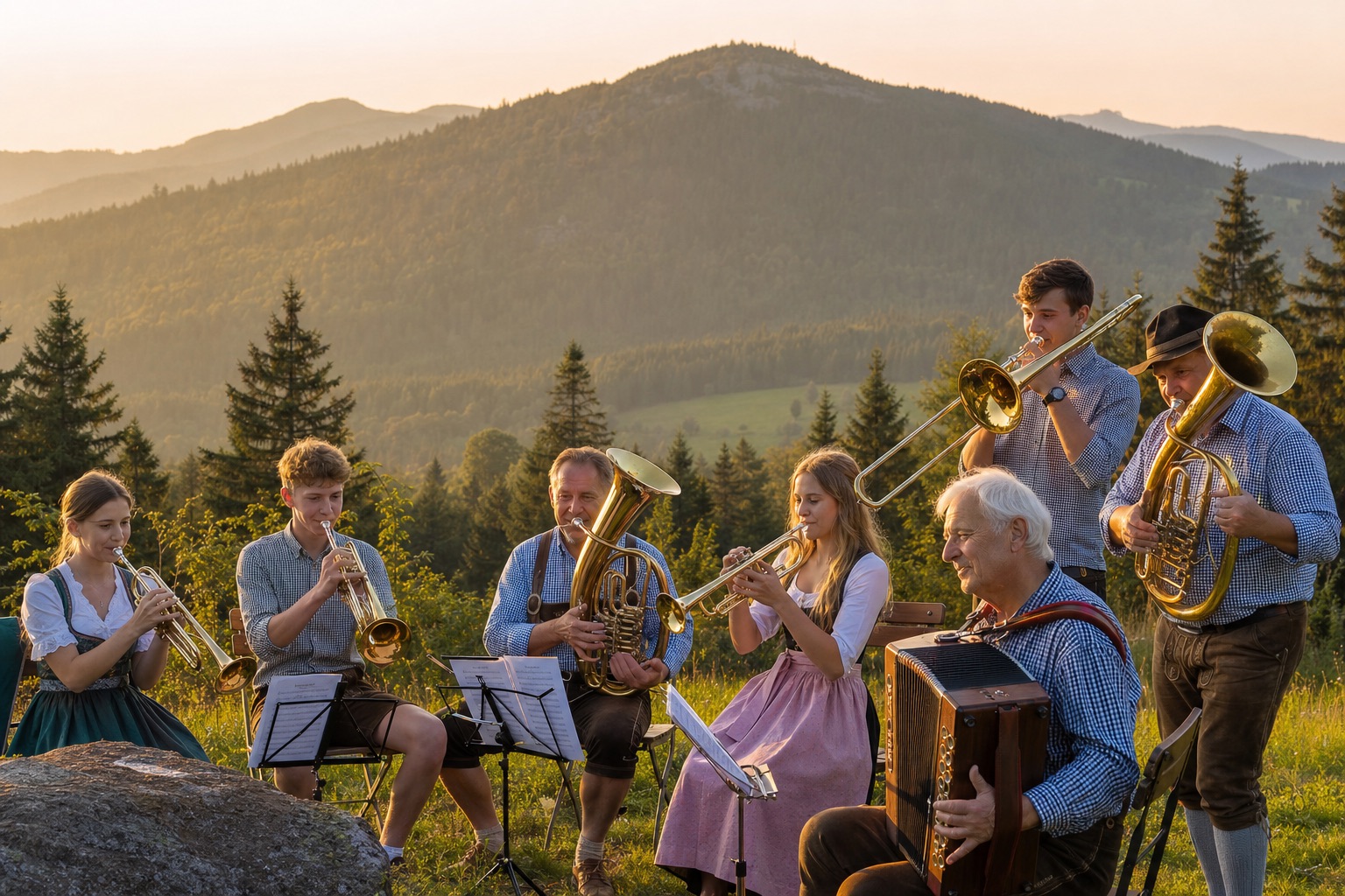 Musikgruppe mit Blasinstrumenten und Akkordeon vor dem Panorama des Fichtelgebirges